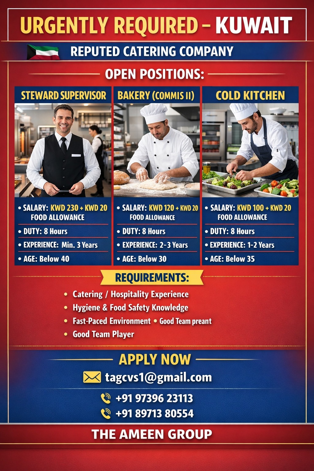 Urgently Required – Steward Supervisor | Bakery (Commis II) | Cold Kitchen – Kuwait