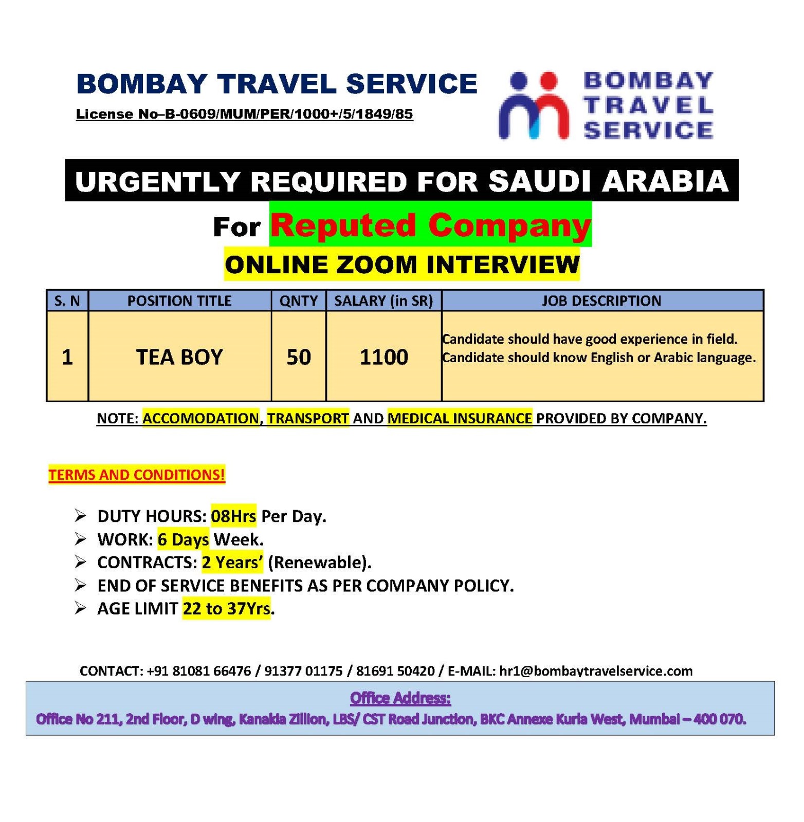Urgently required for ksa reputed co.