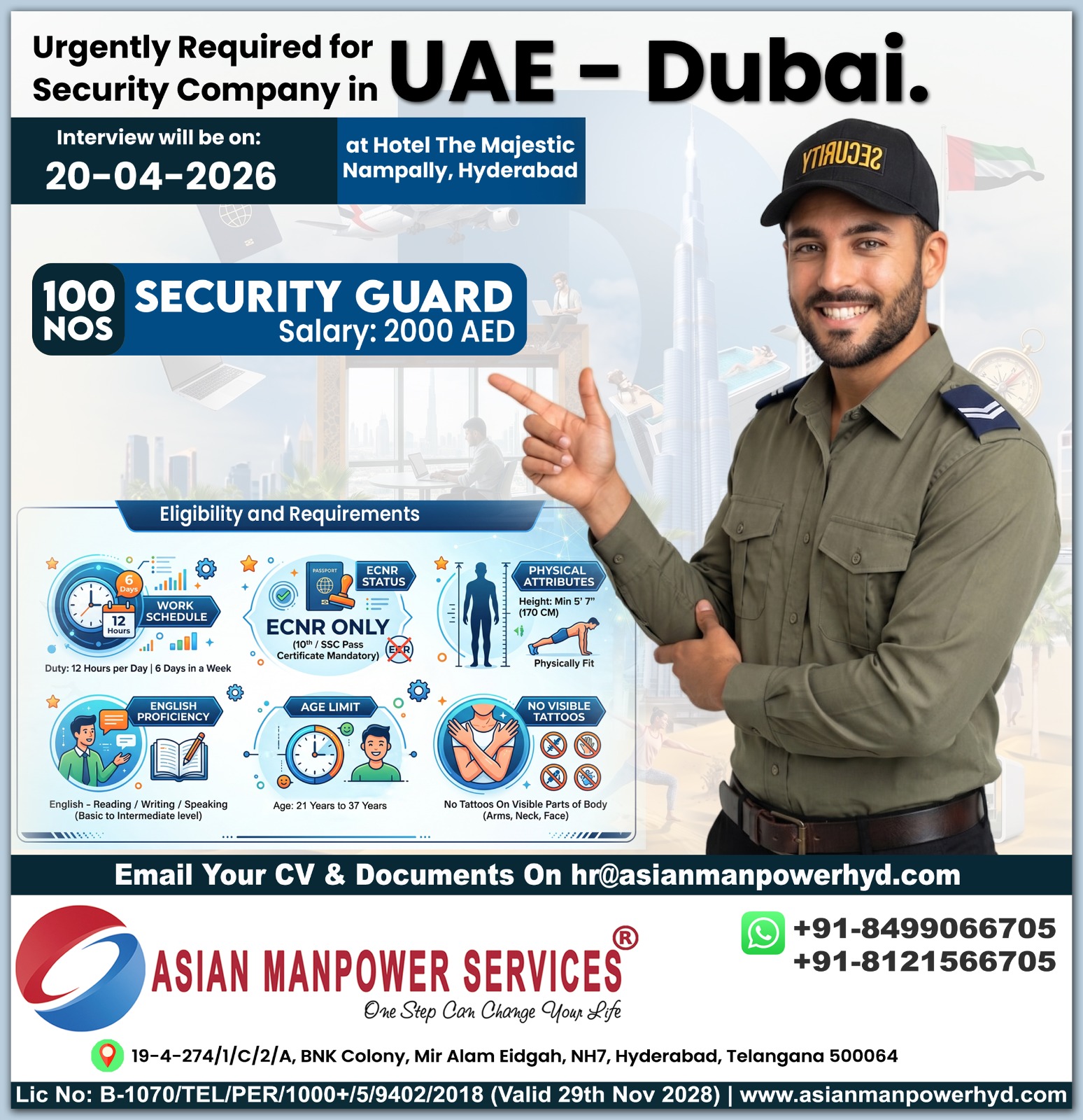 Urgently required Security Guard for UAE - Dubai Interview on 20-04-2026 at Hotel the Majestic, Nampally, Hyderabad