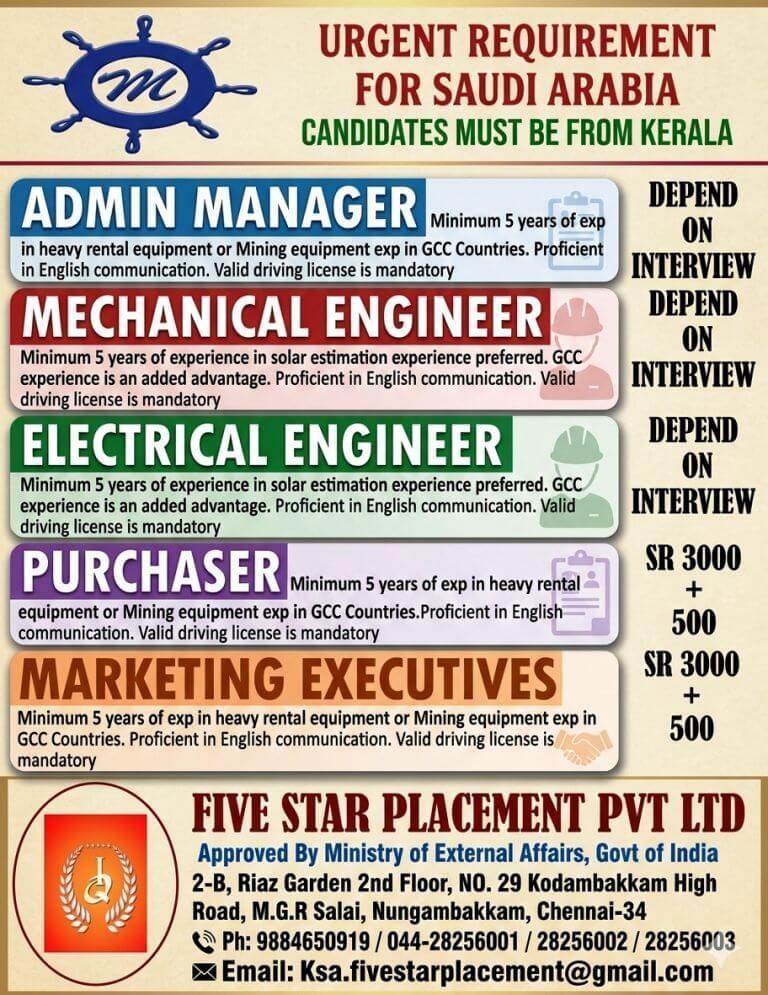 URGENT REQUIREMENT FOR SAUDI ARABIA