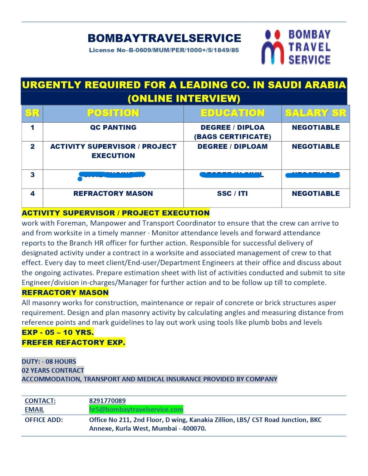 URGENTLY HIRING FOR SAUDI ARABIA