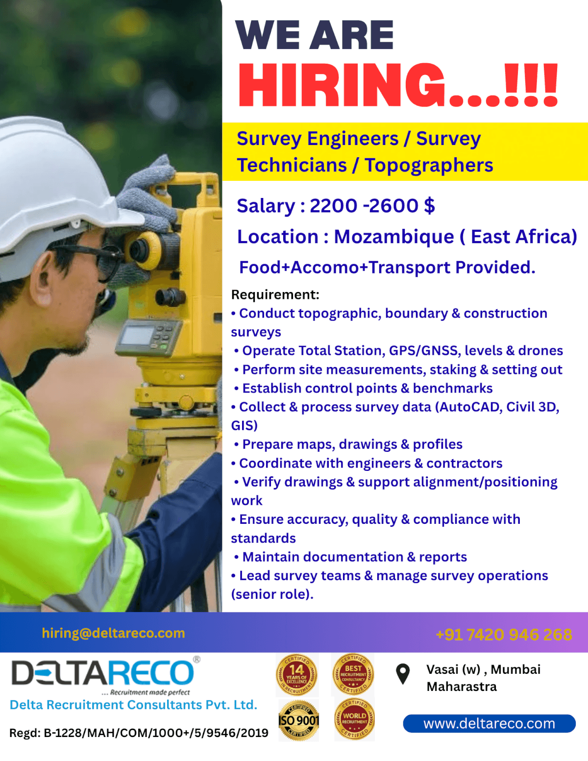 Hiring  Survey Engineer Survey Technician Topographers for Mozambique East africa