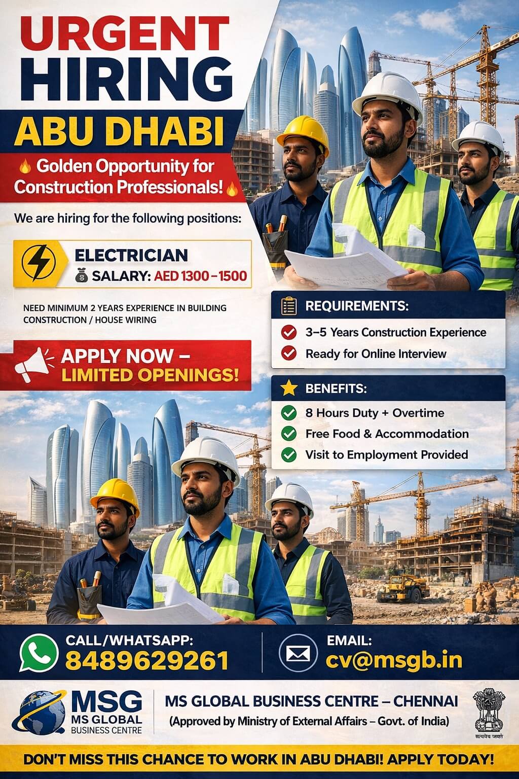 WANTED FOR ABUDHABI - ELECTRICIAN WANTED FOR ABUDHABI - ELECTRICIAN