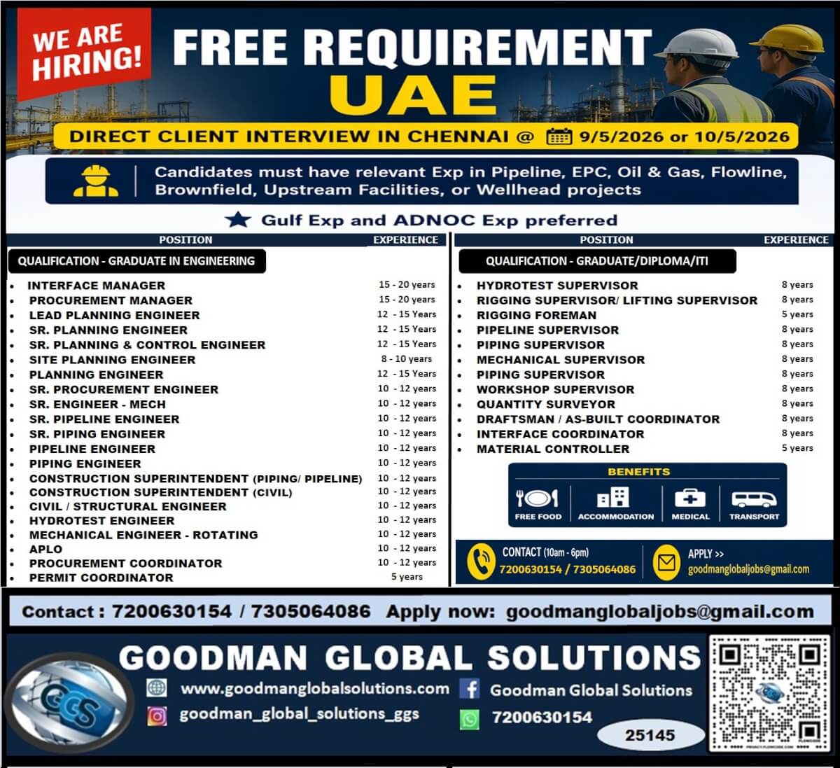 FREE REQUIREMENT -UAE - LONG TERM  DIRECT CLIENT  INTERVIEW IN CHENNAI @ 09-05-2026 or 10-05-2026