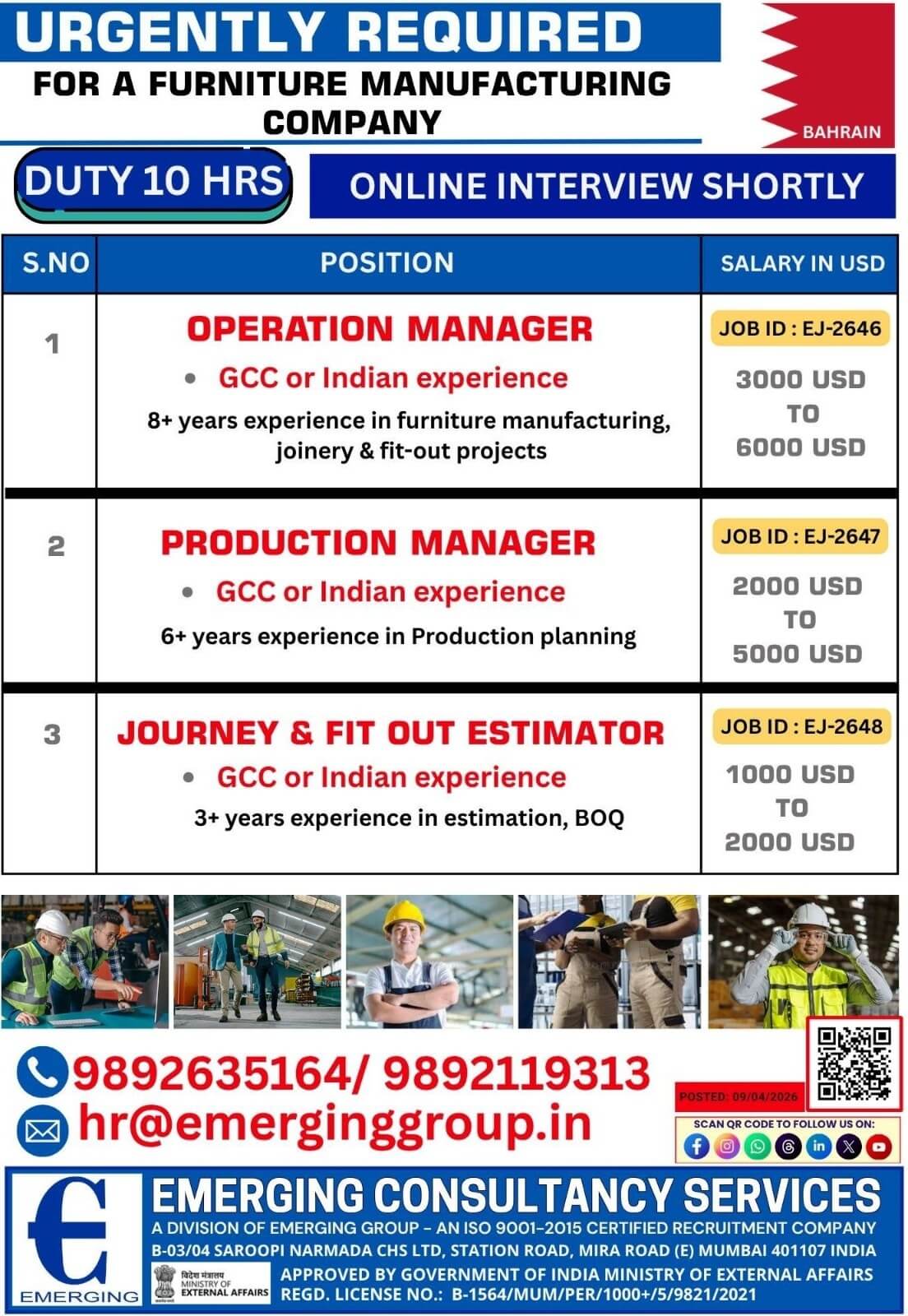 URGENT REQUIRED FOR  FURNITURE MANUFACTURING COMPANY IN SAUDI ARABIA