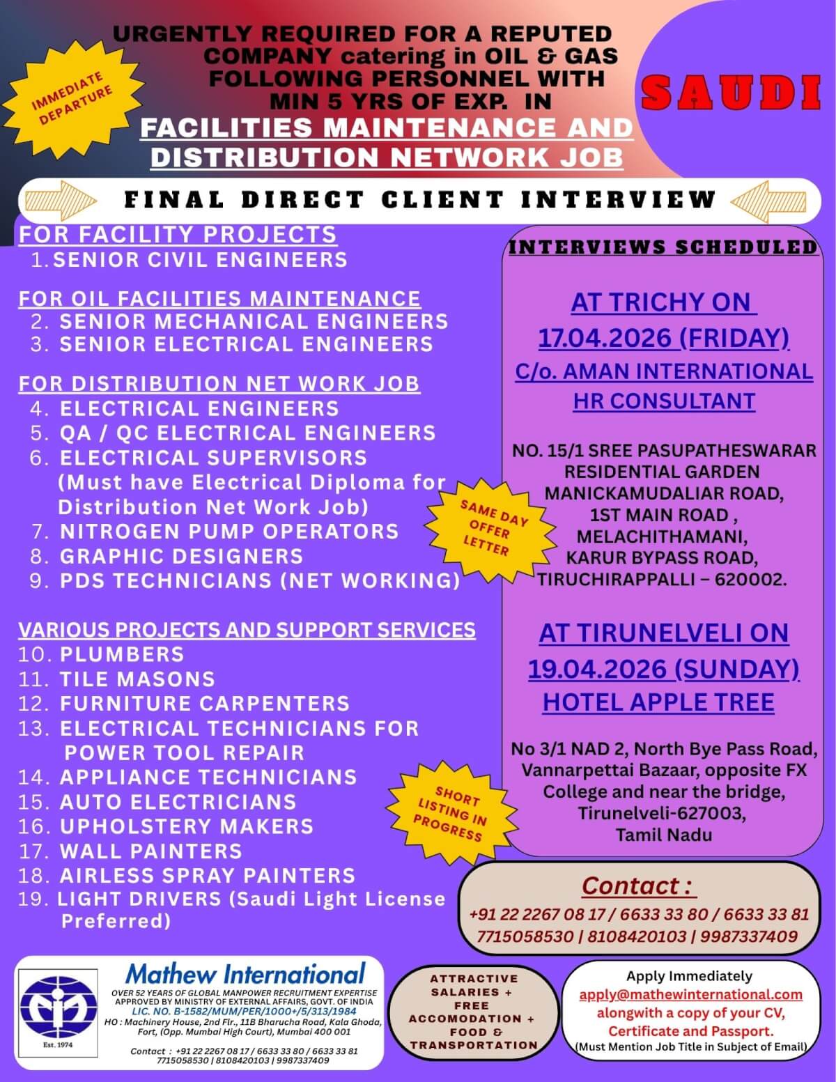 SAUDI - Urgently required for a reputed Company Catering in Oil and Gas following personnel with min. 5 years experience in Facilities Maintenance and Distribution Network Job SAUDI - Urgently required for a reputed Company Catering in Oil and Gas following personnel with min. 5 years experience in Facilities Maintenance and Distribution Network Job