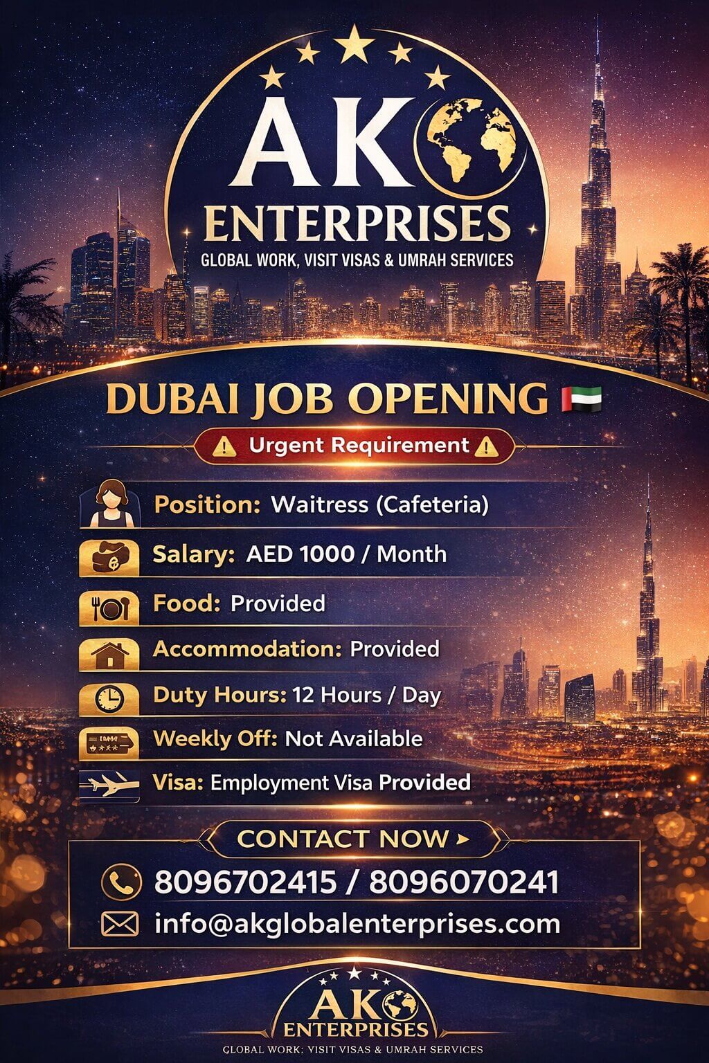 Dubai Job Opening ??  Position: Waitress for Cafeteria in Dubai