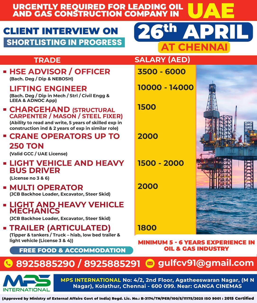 URGENTLY REQUIRED FOR LEADING OIL AND GAS CONSTRUCTION COMPANY IN UAE  CLIENT INTERVIEW ON 26th APRIL AT CHENNAI