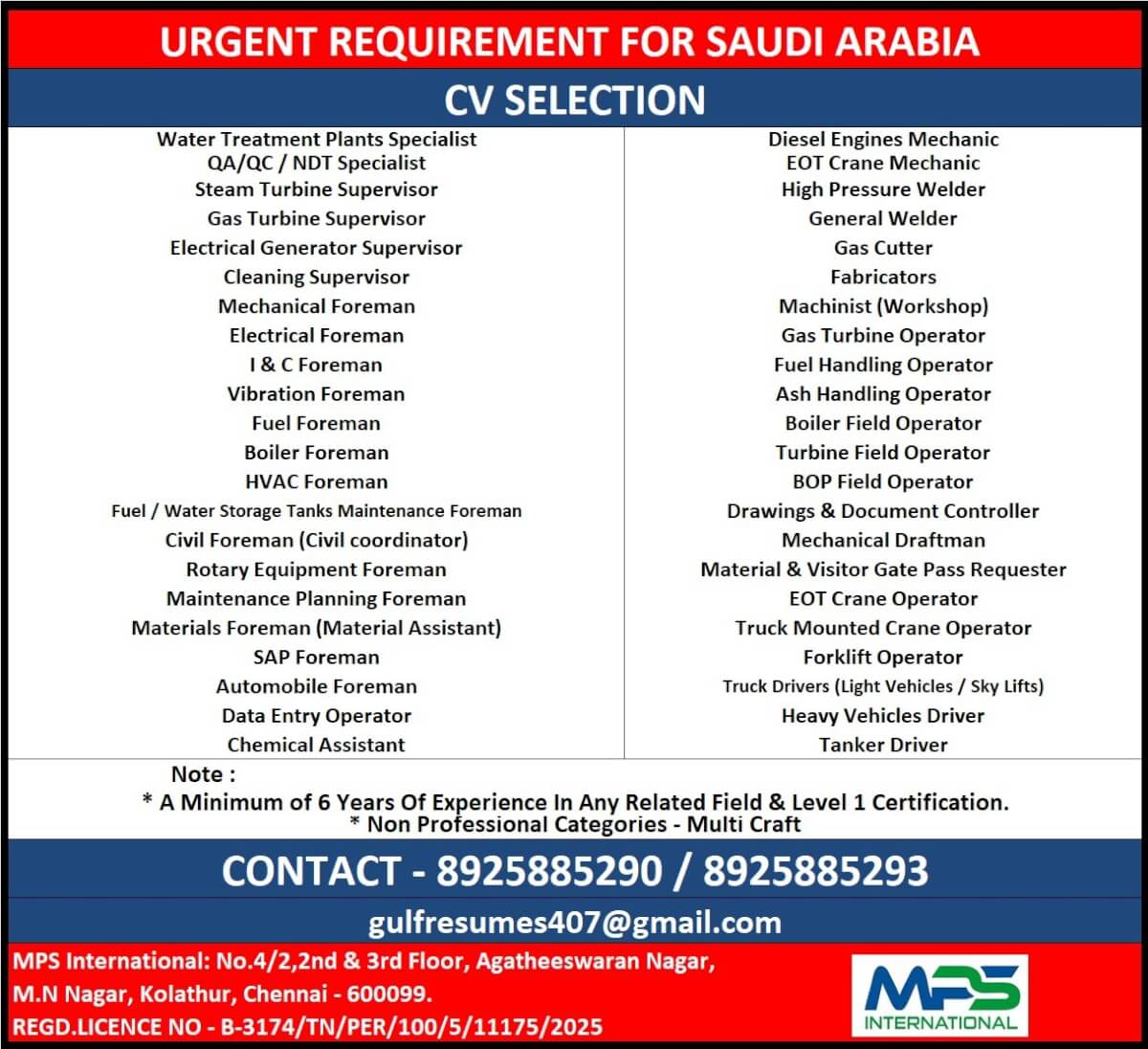 URGENT REQUIREMENT FOR SAUDI ARABIA CV SELECTION