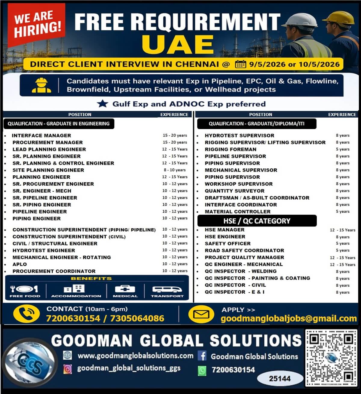 FREE REQUIREMENT -UAE - LONG TERM  DIRECT CLIENT  INTERVIEW IN CHENNAI @ 09-05-2026 or 10-05-2026