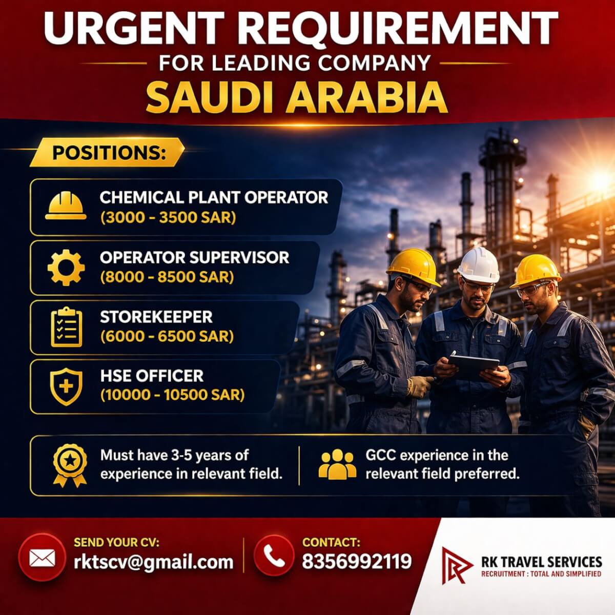 URGENT REQUIREMENT FOR LEADING COMPANY SAUDI ARABIA