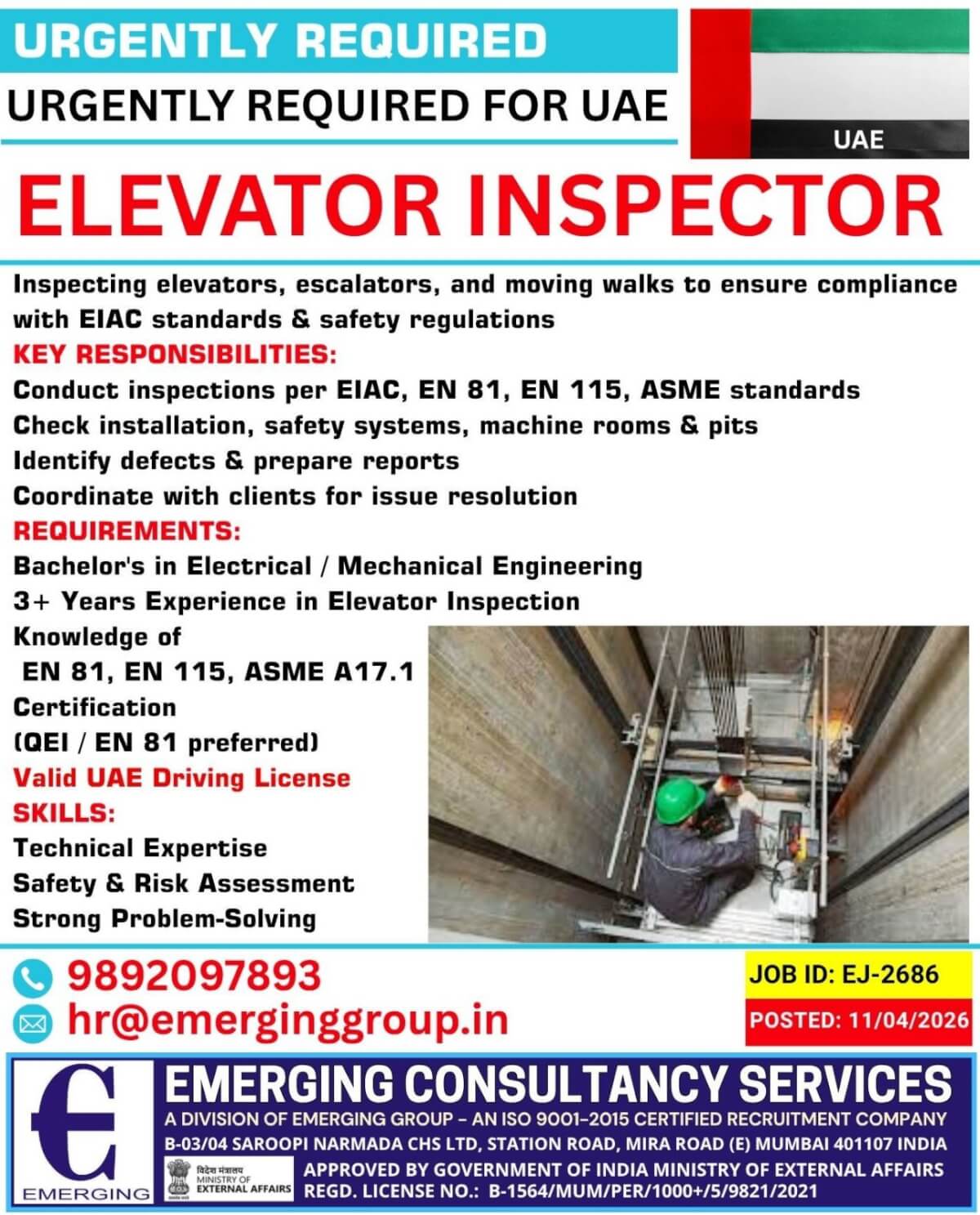 URGENT REQUIRED FOR UAE - ELEVATOR TECHNIAIN