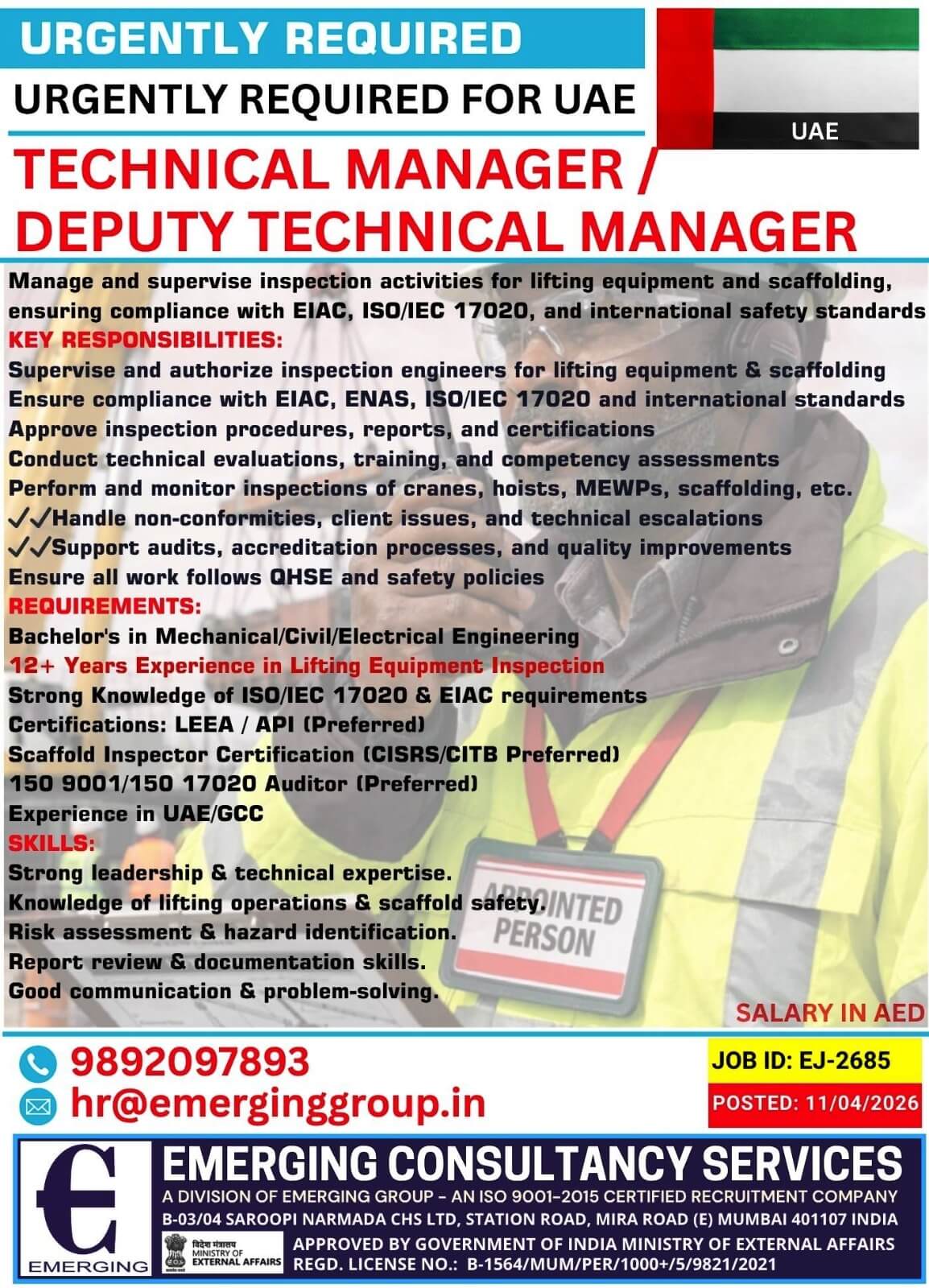 URGENT REQUIRED FOR TECHNICAL MANAGER / DEPUTY TECHNICAL MANAGER