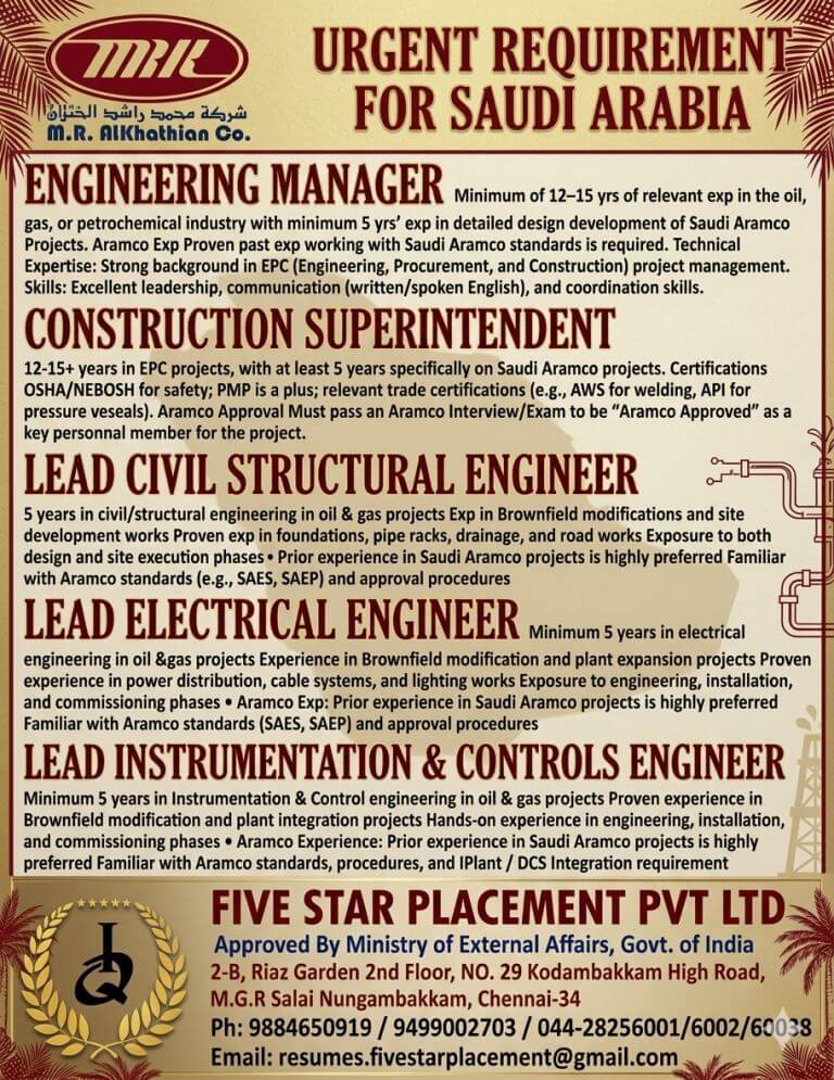 URGENT REQUIREMENT FOR SAUDI ARABIA