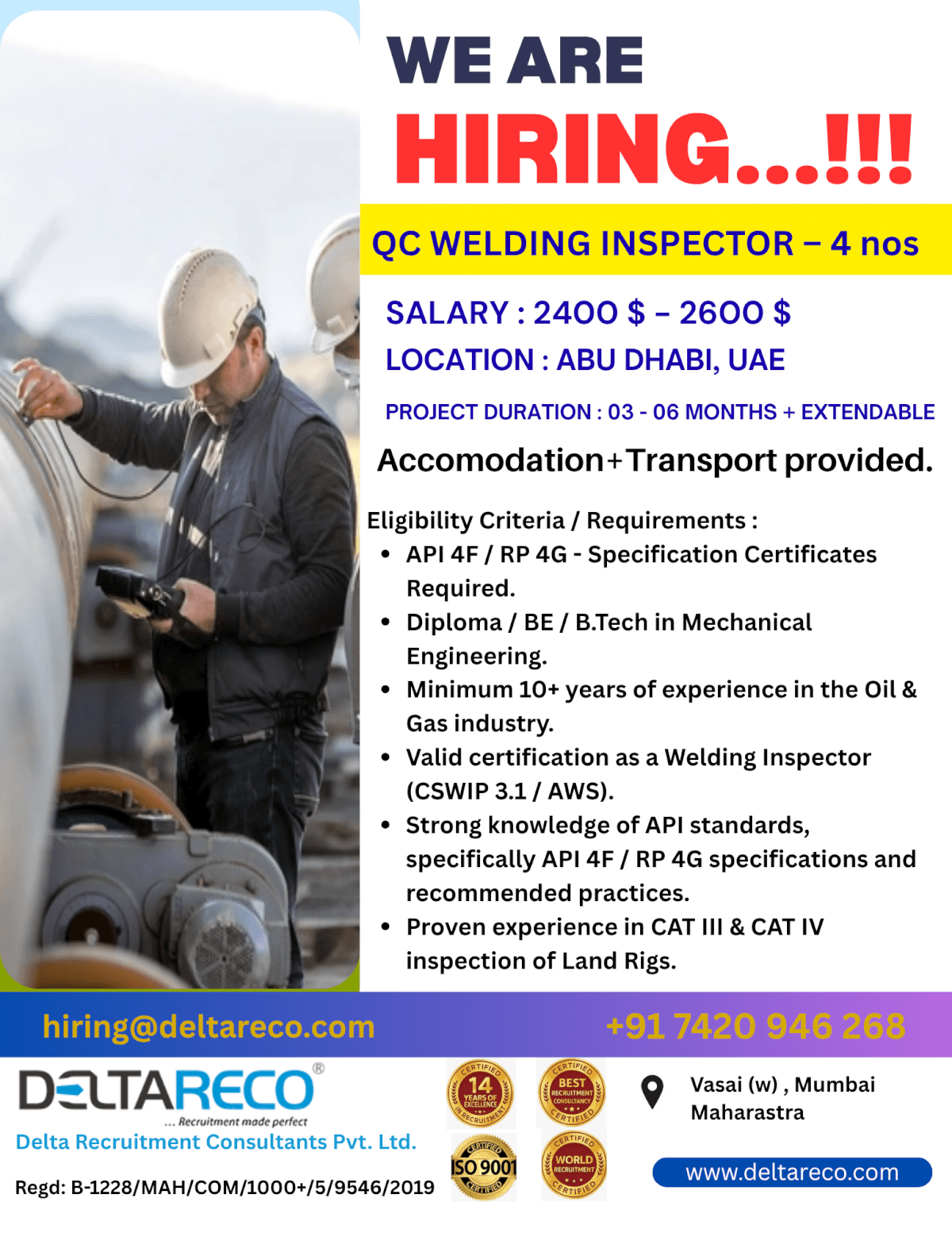 Hiring Qc Inspector for Abu dhabi UAE