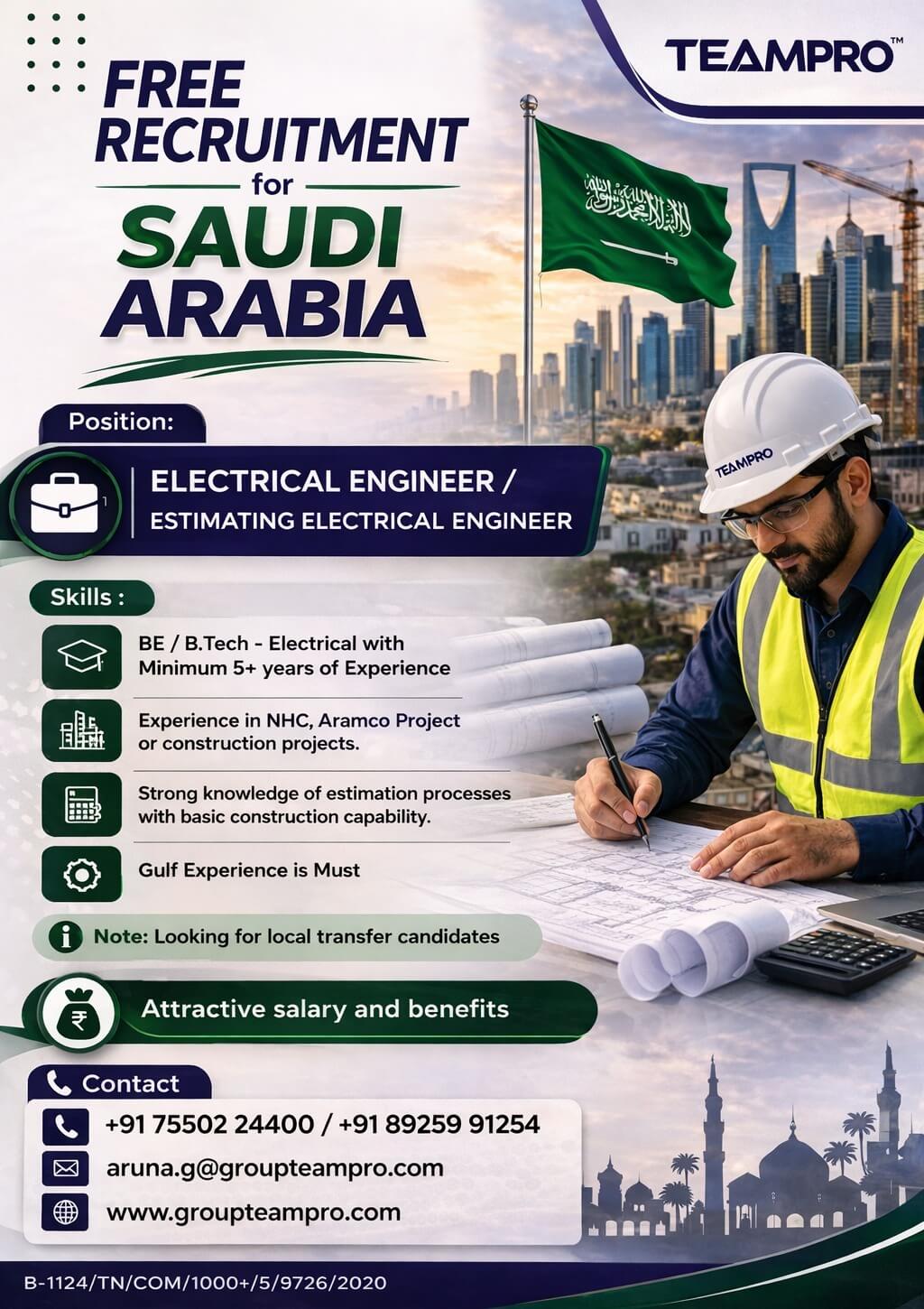 ? FREE RECRUITMENT – SAUDI ARABIA ?  We are hiring: ? Electrical Engineer ? Estimating Electrical Engineer