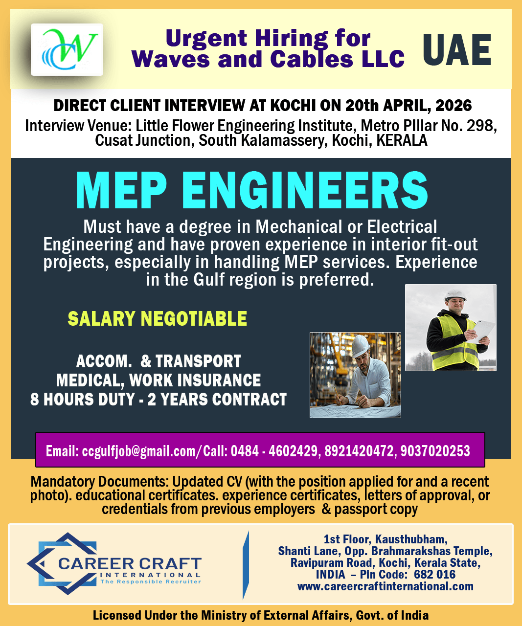 Direct Client Interview at Kochi on 20th April, 2026 for Waves and Cables LLC, UAE -