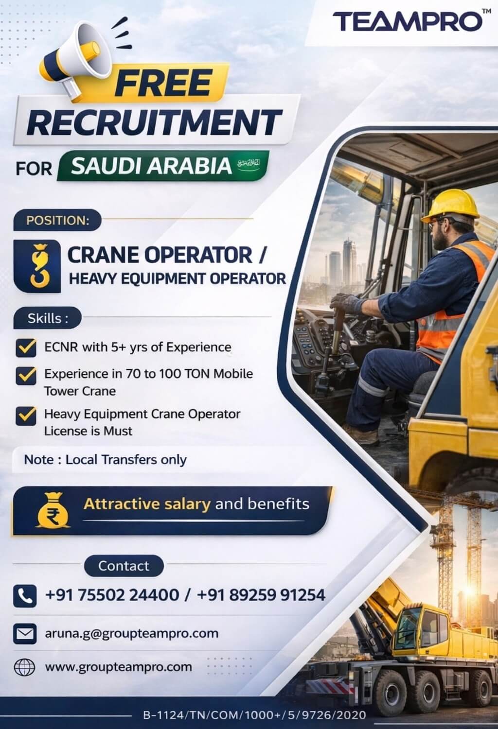 ? FREE RECRUITMENT – SAUDI ARABIA ?  We are hiring: ? Crane Operator / Heavy Equipment Operator
