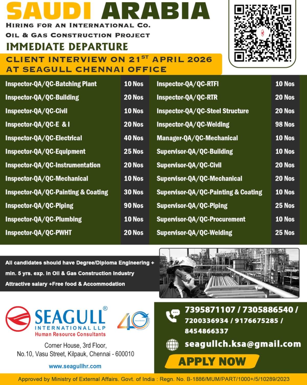 VERY URGENT REQUIREMENTS FOR OIL & GAS LONG TIME PROJECT AT SAUDI ARABIA - KSA