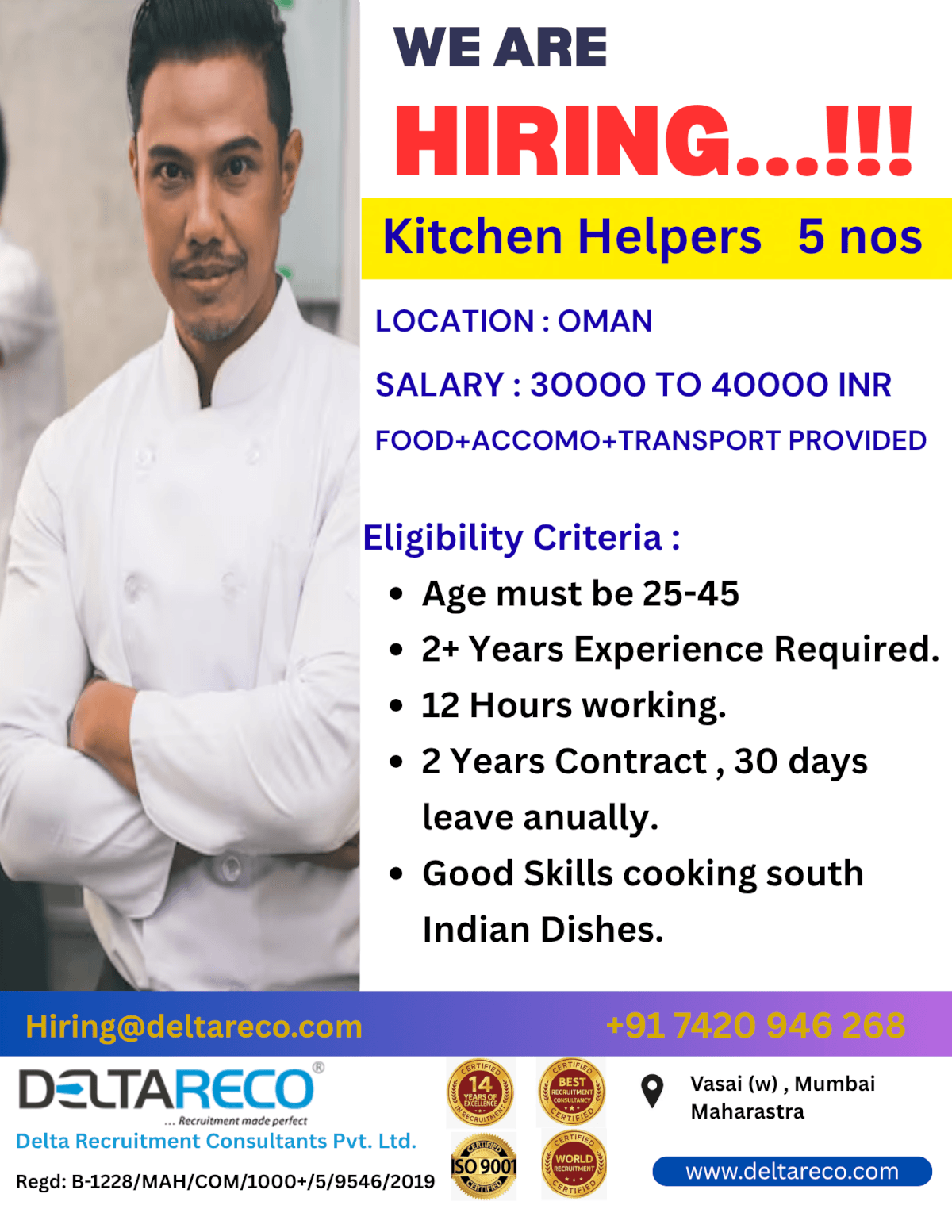 Hiring Kitchen helpers and Waiters for Oman