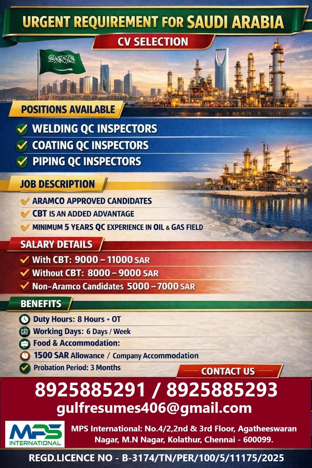 URGENT REQUIREMENT FOR SAUDI ARABIA CV SELECTION