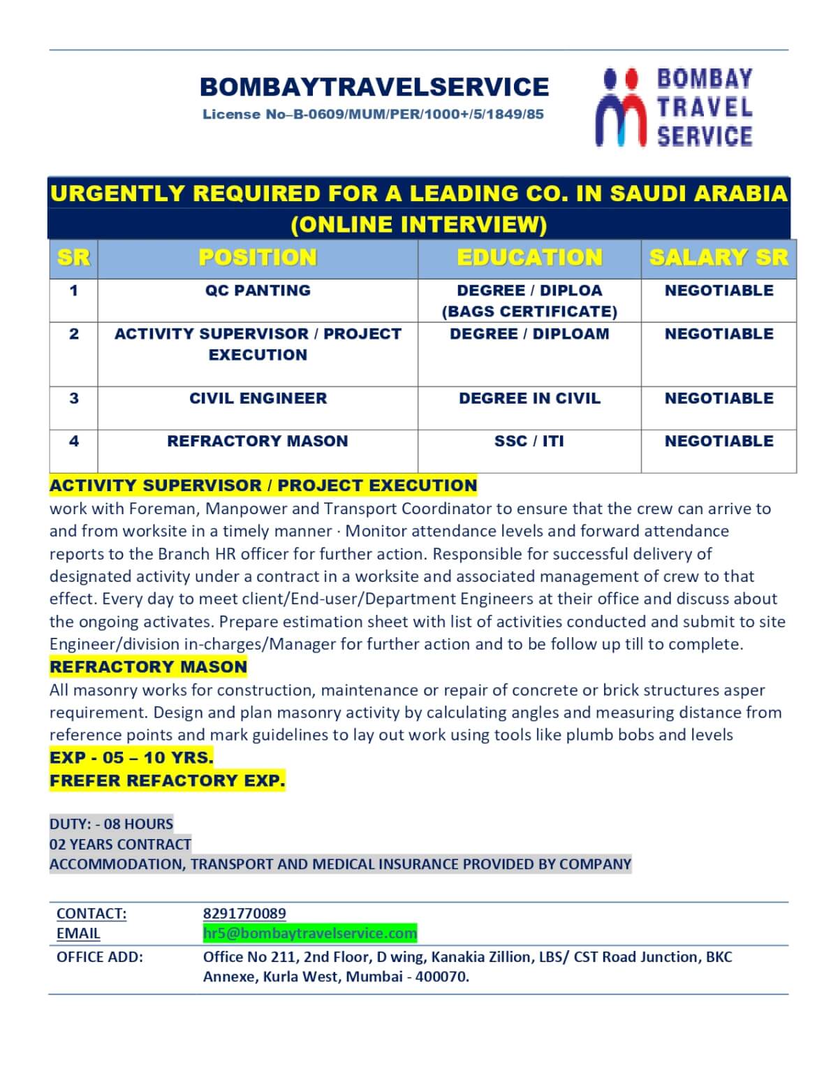 URGENTLY HIRING FOR SAUDI ARABIA