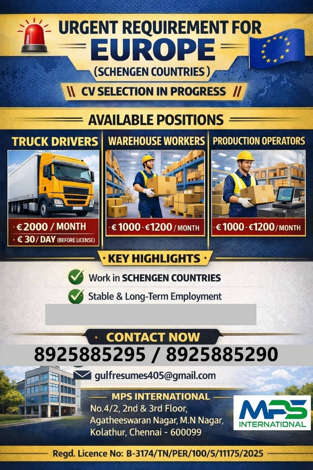 URGENT REQUIREMENT FOR EUROPE (SCHENGEN COUNTRIES) CV SELECTION IN PROGRESS