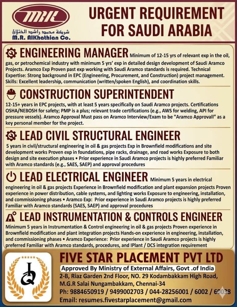 URGENT REQUIREMENT FOR SAUDI ARABIA