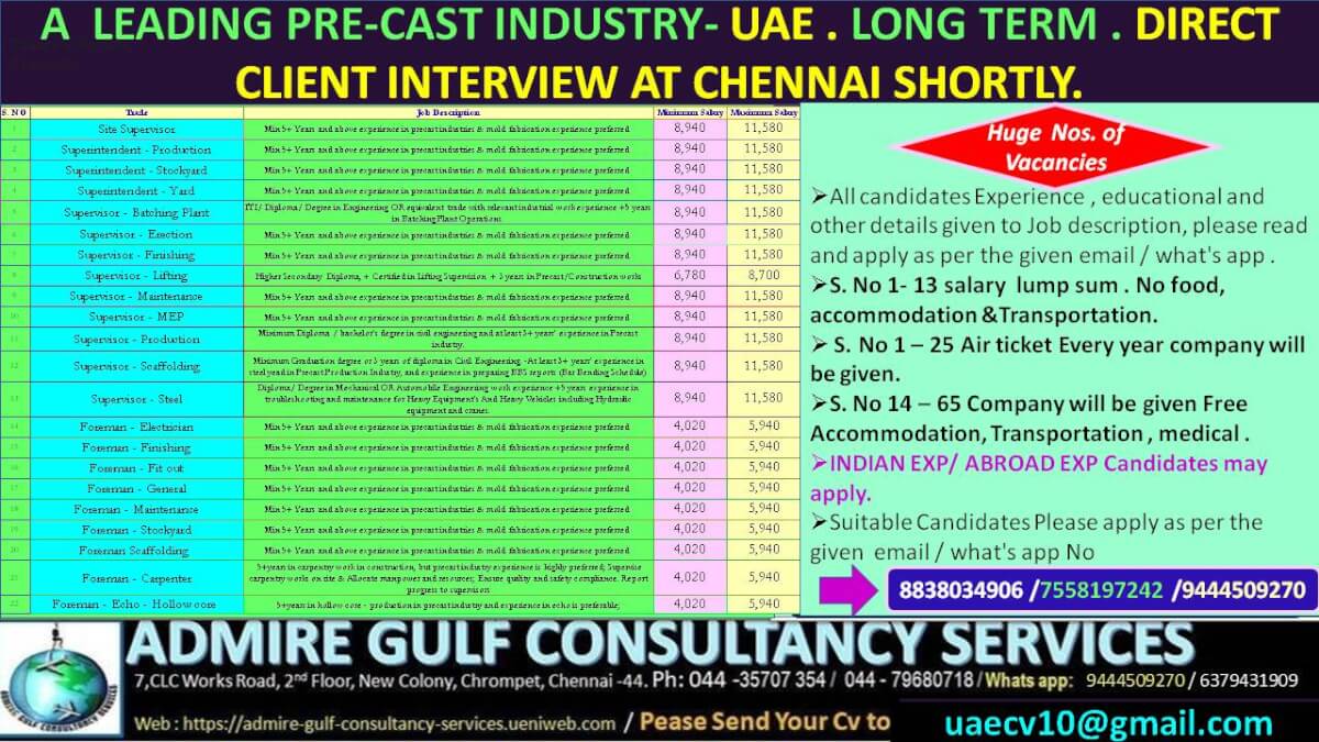 A  LEADING PRE- CAST INDUSTRY -UAE LONG TERM . DIRECT CLIENT INTERVIEW AT CHENNAI -SHORTLY.