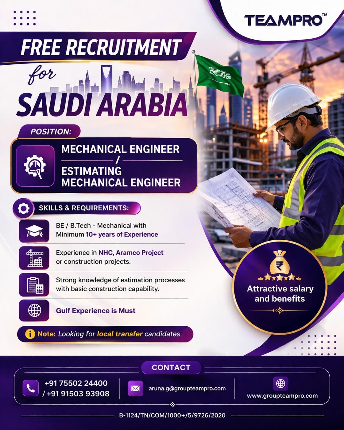 ? FREE RECRUITMENT – SAUDI ARABIA ?  We are hiring: ? Mechanical Engineer ? Estimating Mechanical Engineer