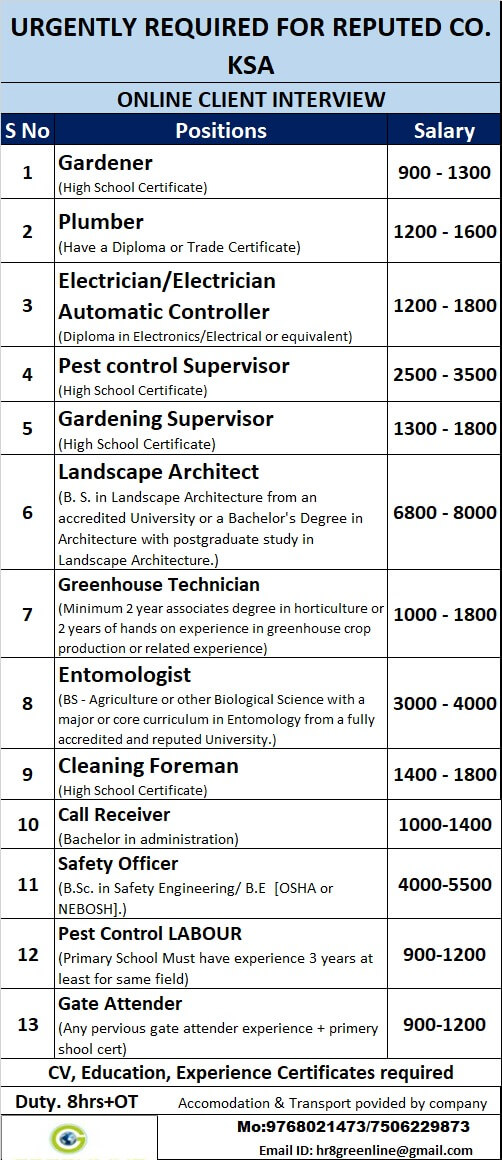 URGENTLY REQUIRED FOR REPUTED CO. KSA