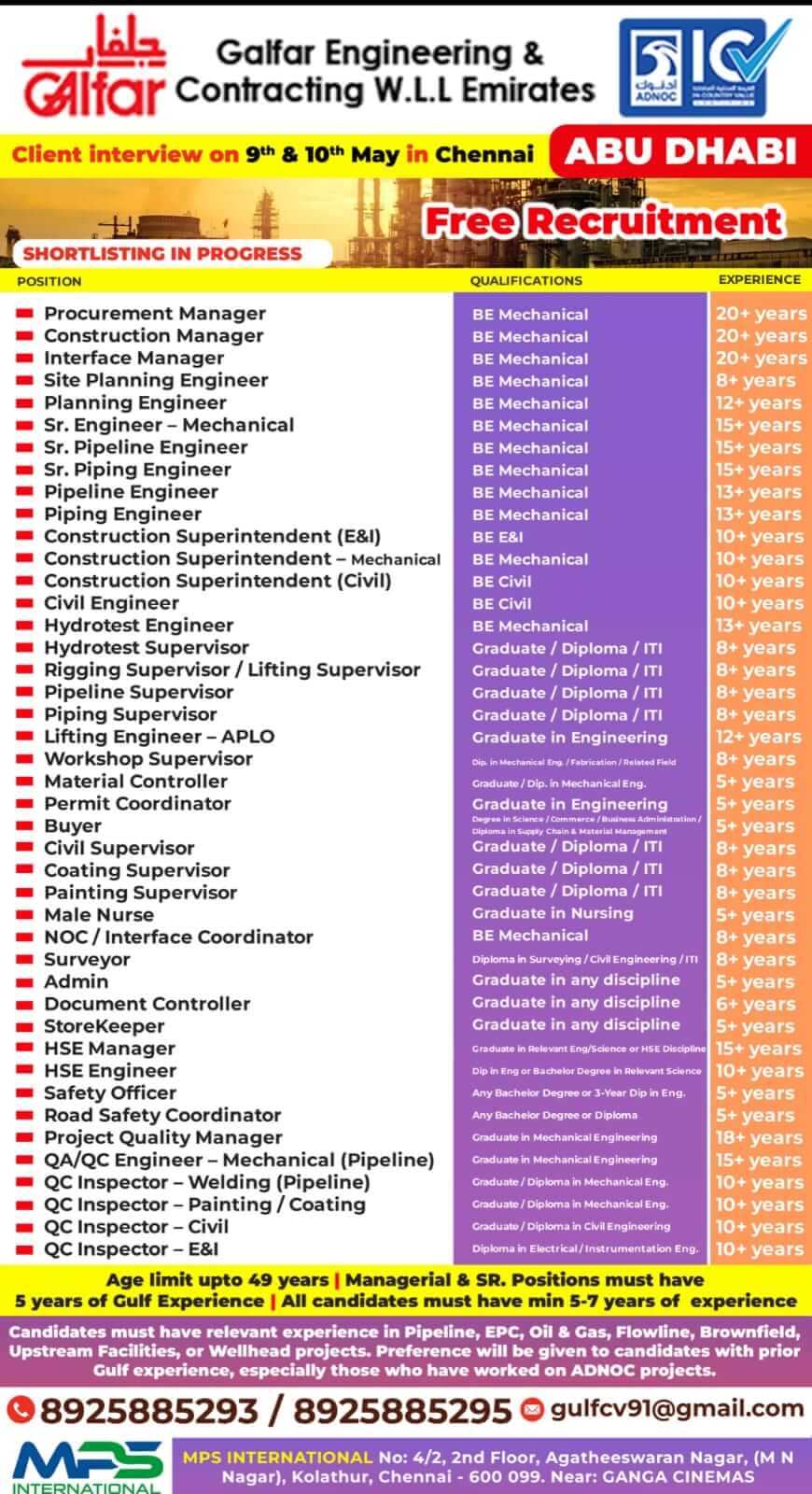 GALFAR Engineering & Contracting W.L.L Emirates ABU DHABI  Client interview on 9th & 10th May in Chennai Free Recruitment