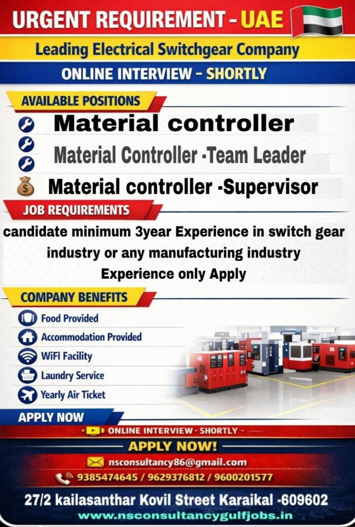 Material Controller Jobs in UAE | Switchgear Company Hiring | Online Interview