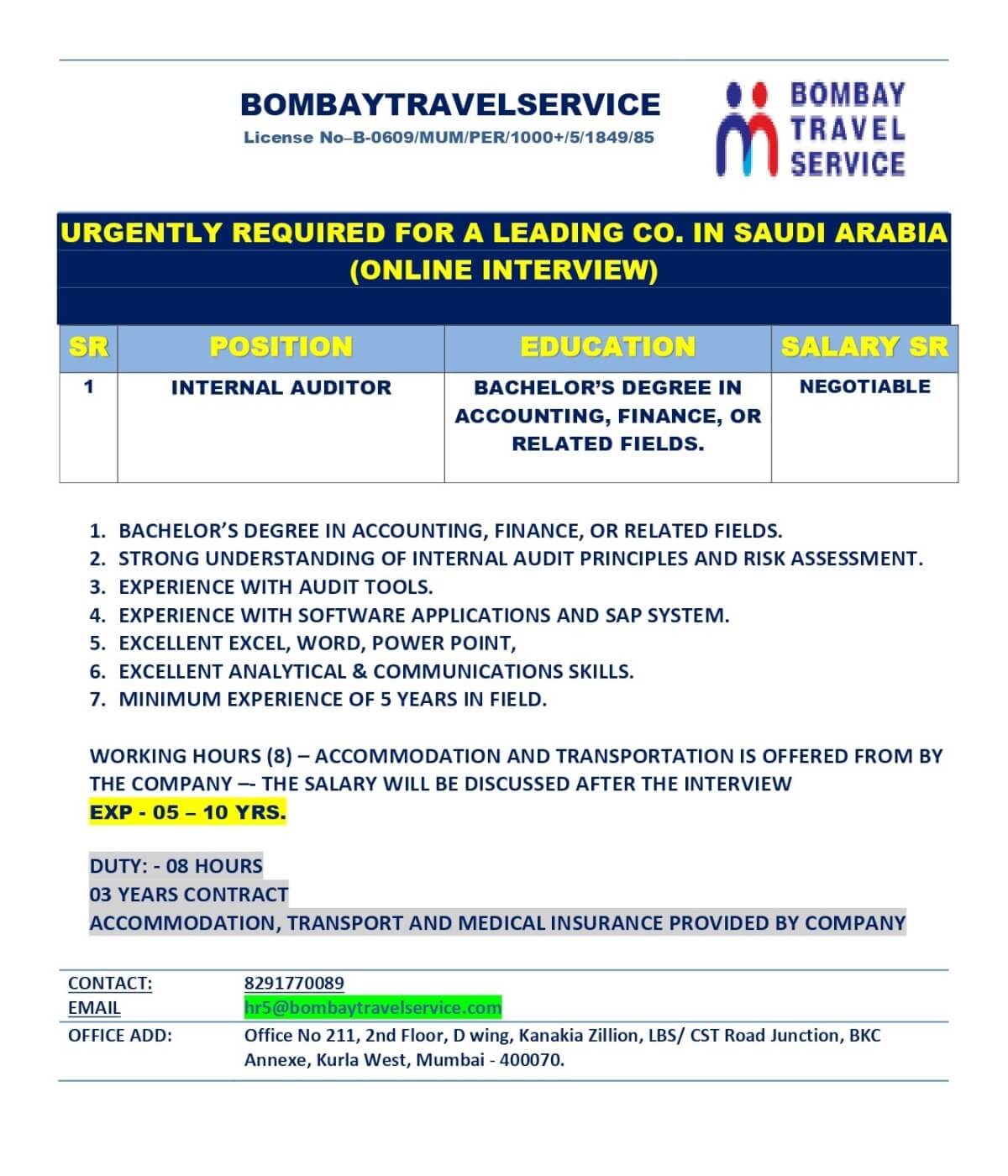 URGENTLY HIRING INTERNAL AUDIOTR FOR SAUDI ARABIA