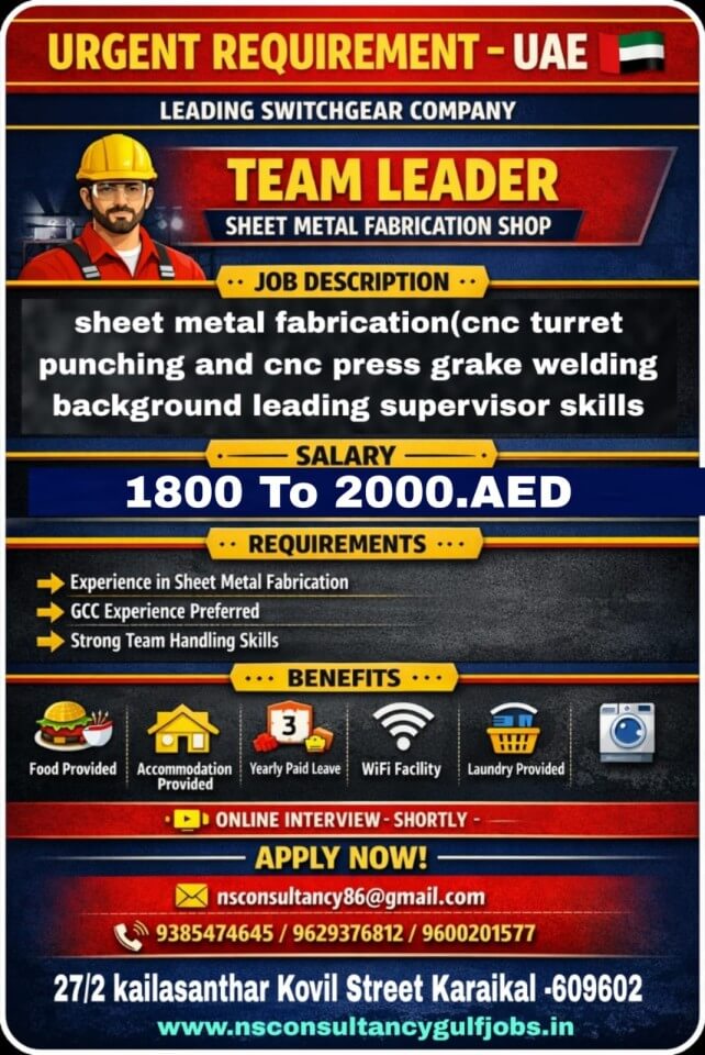 Team Leader Sheet Metal Fabrication Jobs in UAE – Apply Now