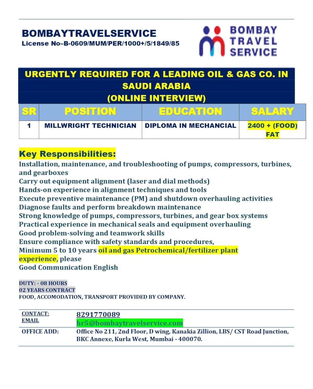 URGENTLY HIRING MILLWRIGHT TECHNICIAN FOR SAUDI ARABIA