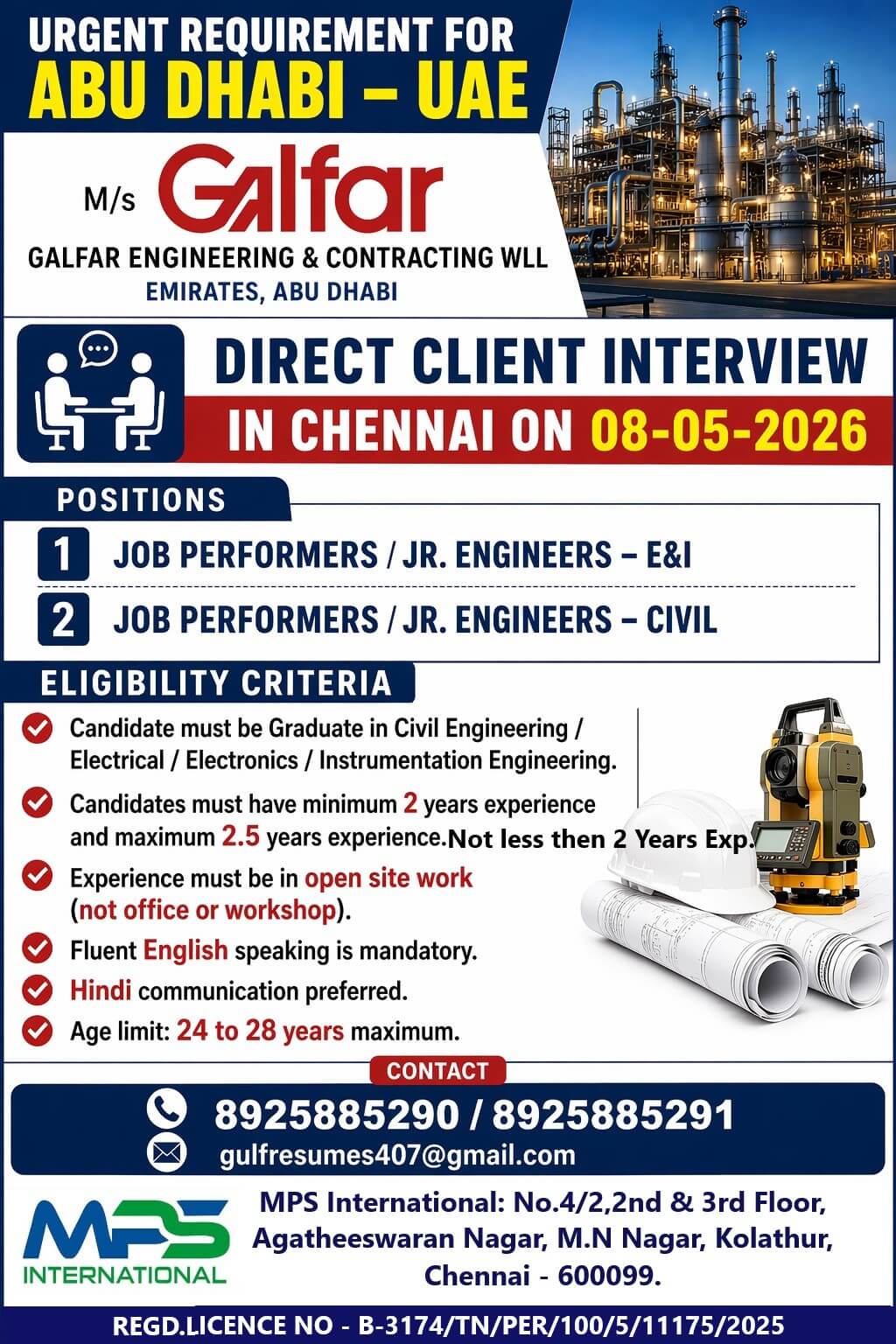 URGENT REQUIREMENT FOR ABU DHABI – UAE  M/s Galfar GALFAR ENGINEERING & CONTRACTING WLL EMIRATES, ABU DHABI  DIRECT CLIENT INTERVIEW IN CHENNAI ON 08-05-2026