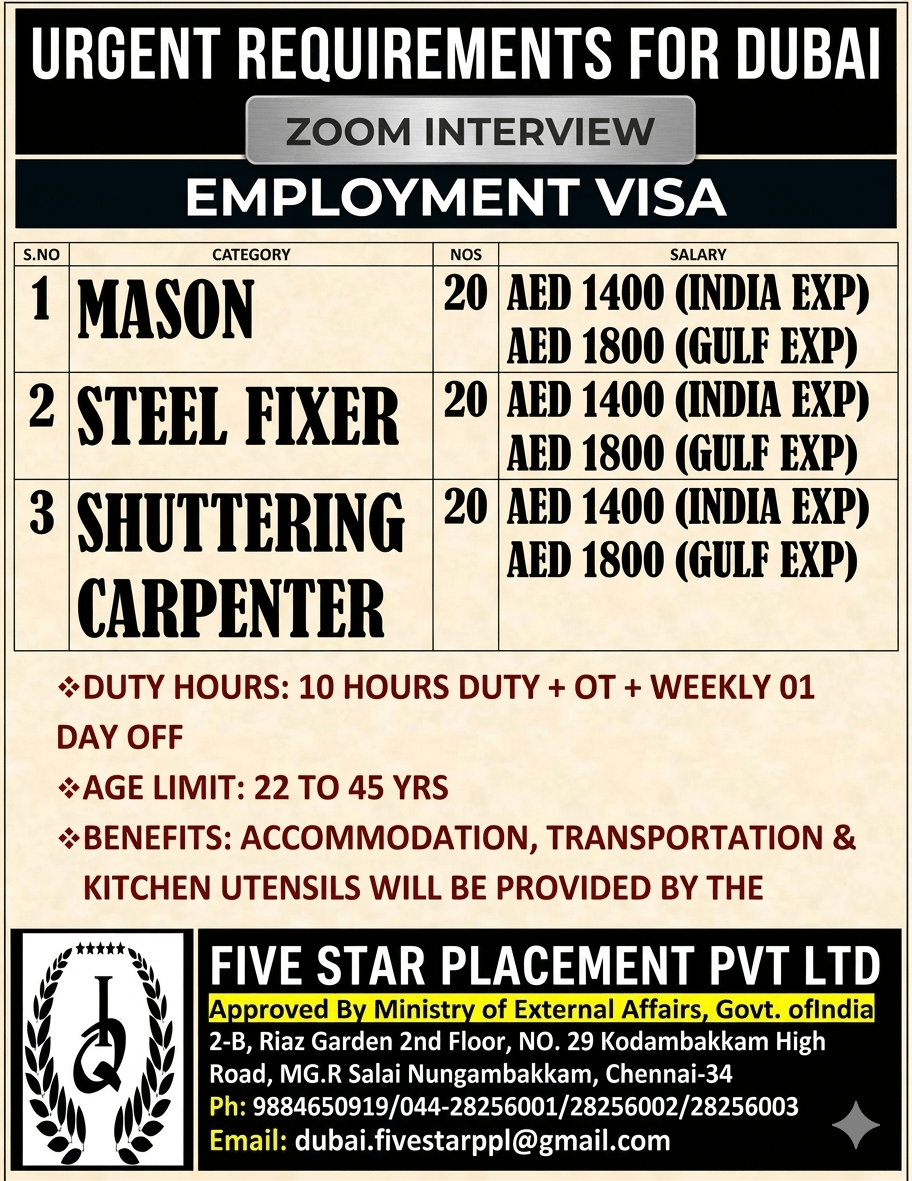 URGENT REQUIREMENT FOR DUBAI