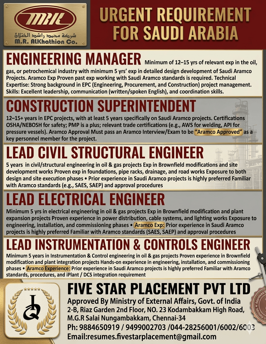 URGENT REQUIREMENT FOR SAUDI ARABIA