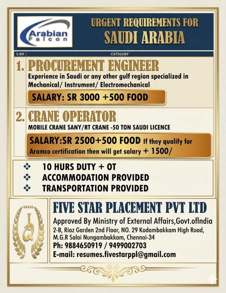 URGENT REQUIREMENT FOR SAUDI ARABIA