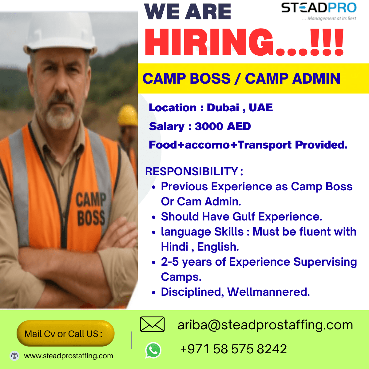 Hiring  Campboss Camp admin for Dubai UAE