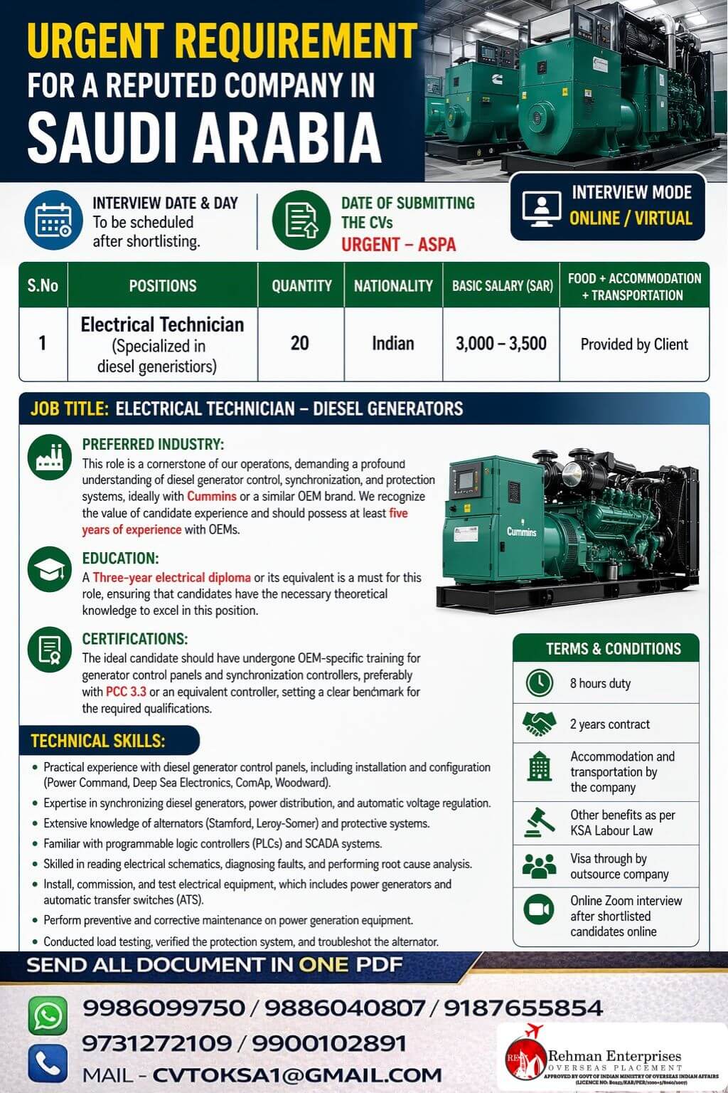 URGENT REQUIREMENT FOR A REPUTED COMPANY IN SAUDI ARABIA
