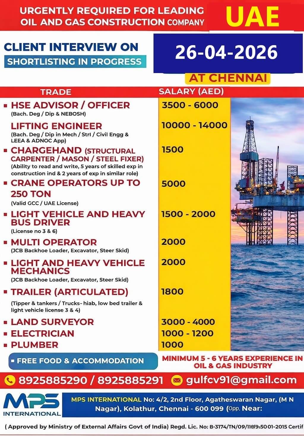 URGENTLY REQUIRED FOR LEADING OIL AND GAS CONSTRUCTION COMPANY IN UAE CLIENT INTERVIEW ON 26th APRIL AT CHENNAI