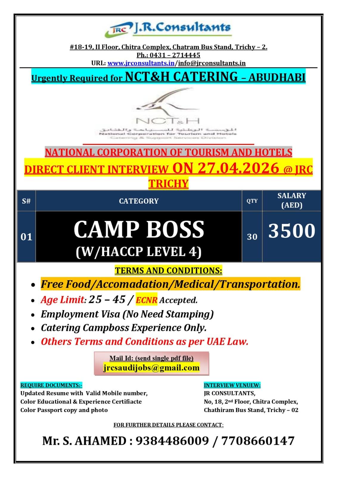 URGENTLY REQUIRED FOR A LEADING NCT & H CATERING COMPANY IN ABU DHABI DIRECT CLIENT INTERVIEW ON 27.04.2026 @ JRC TRICHY