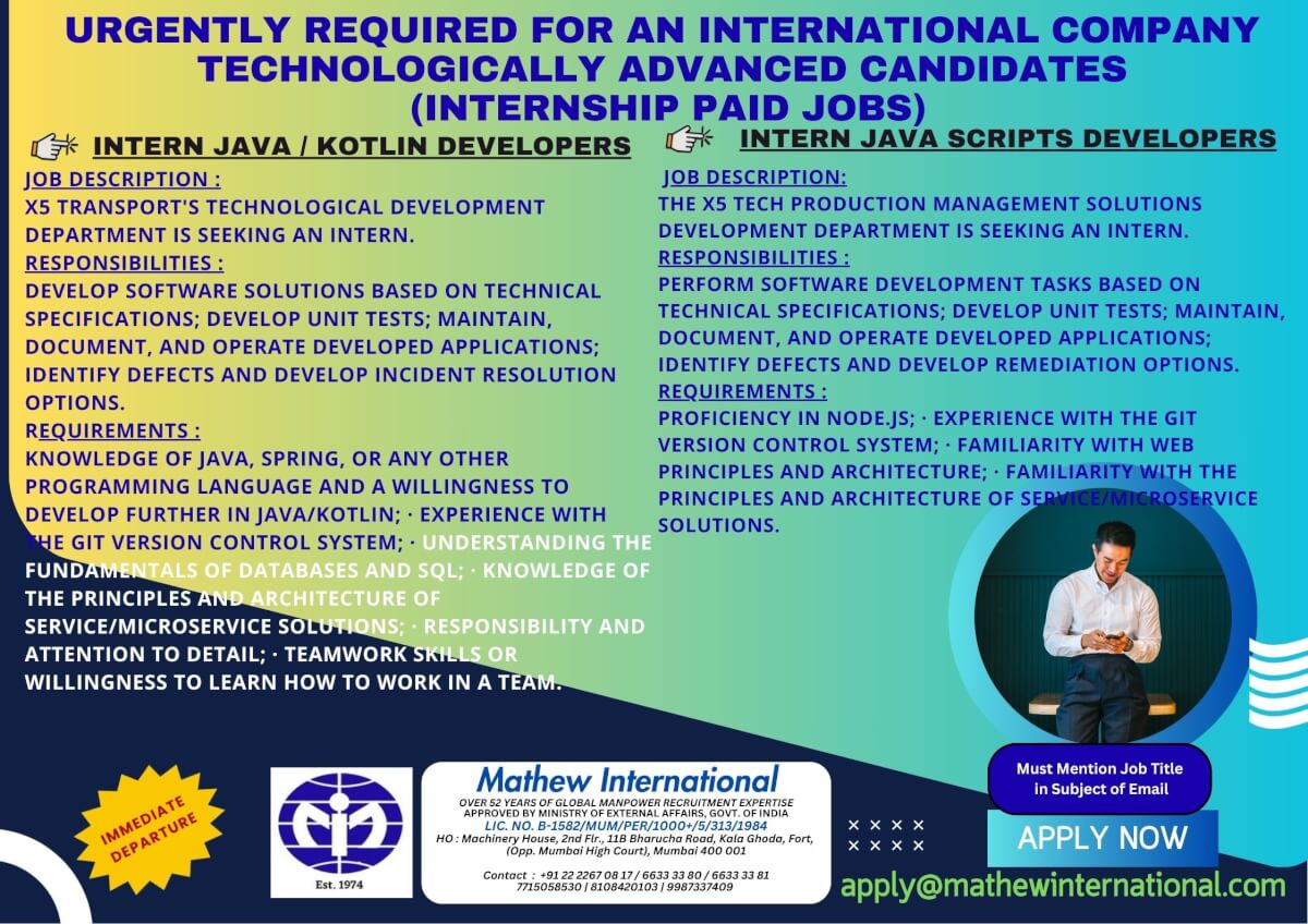 2 - URGENTLY REQUIRED FOR AN INTERNATIONAL COMPANY - TECHNOLOGICALLY ADVANCED CANDIDATES (internship paid jobs)