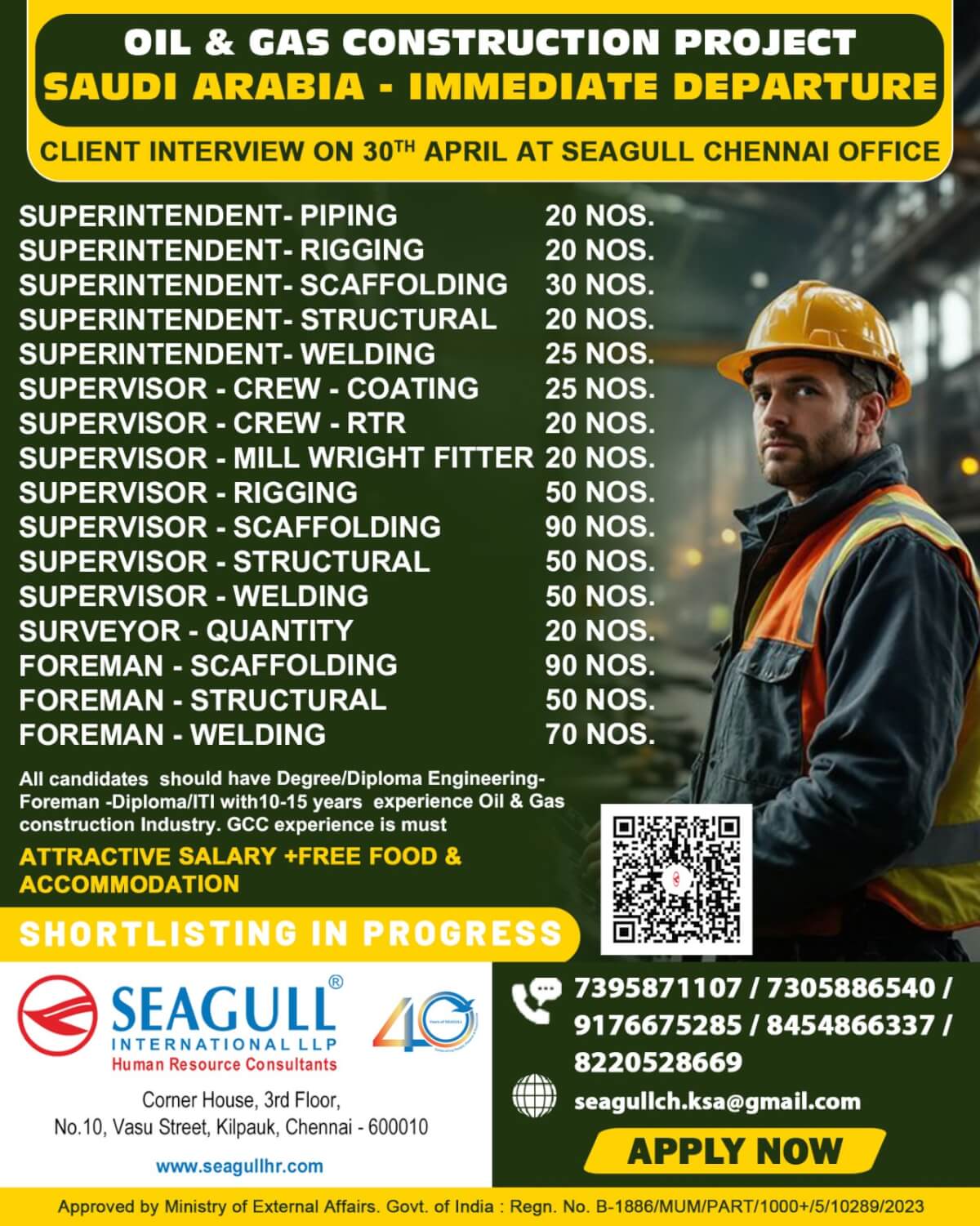 VERY URGENT REQUIREMENTS FOR OIL & GAS LONG TIME PROJECT AT SAUDI ARABIA - KSA