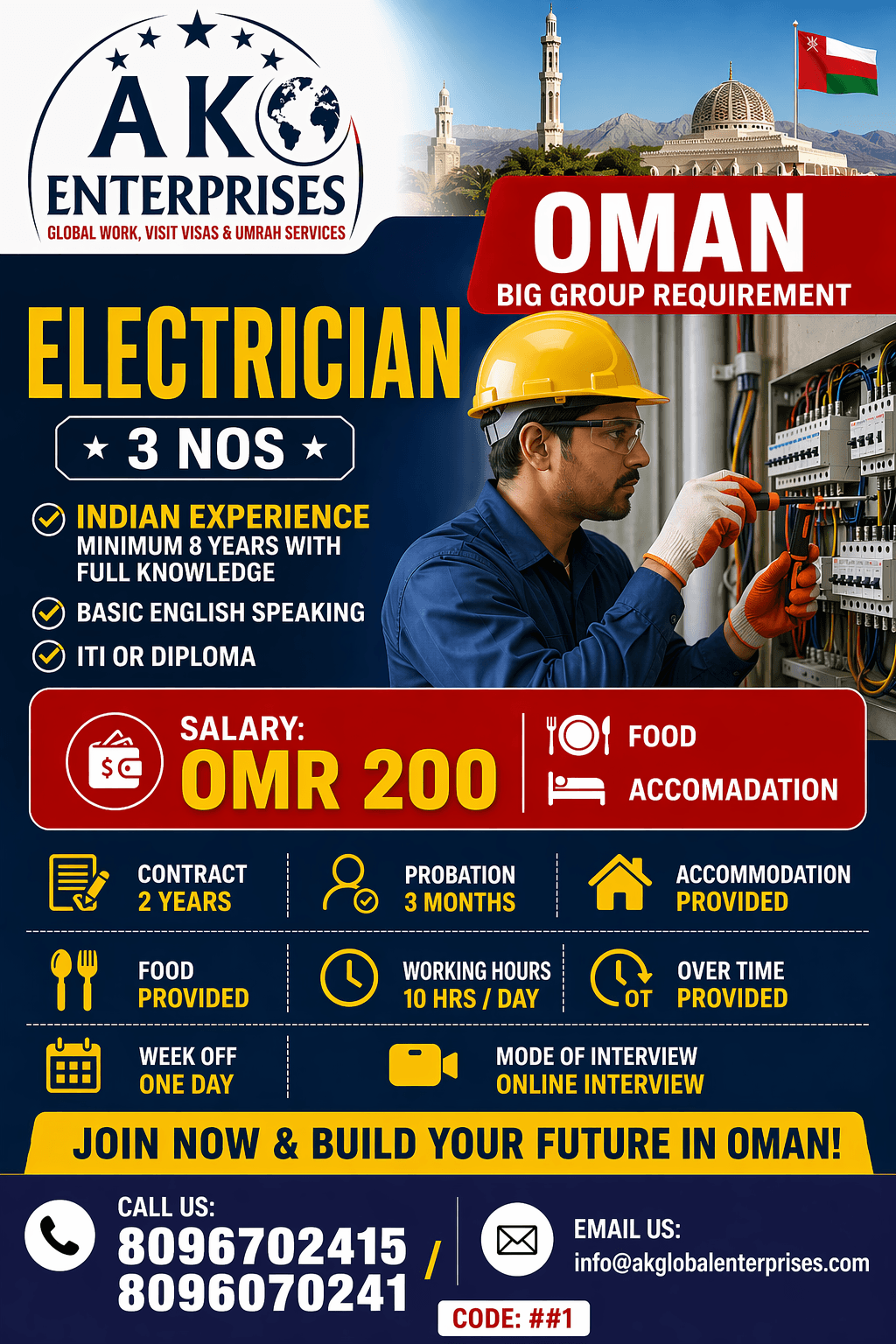Urgently Required for Oman Electrician