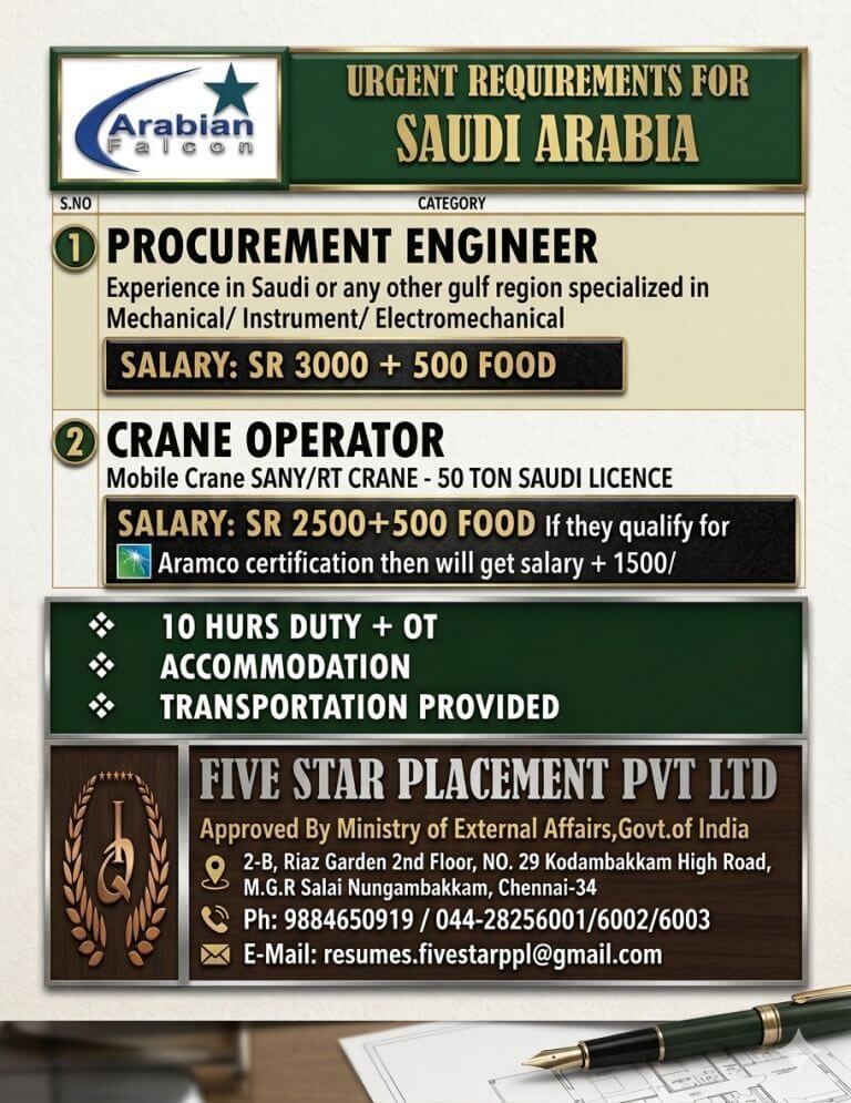 URGENT REQUIREMENT FOR SAUDI ARABIA