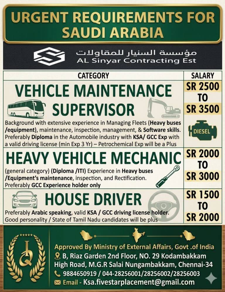 URGENT REQUIREMENT FOR SAUDI ARABIA