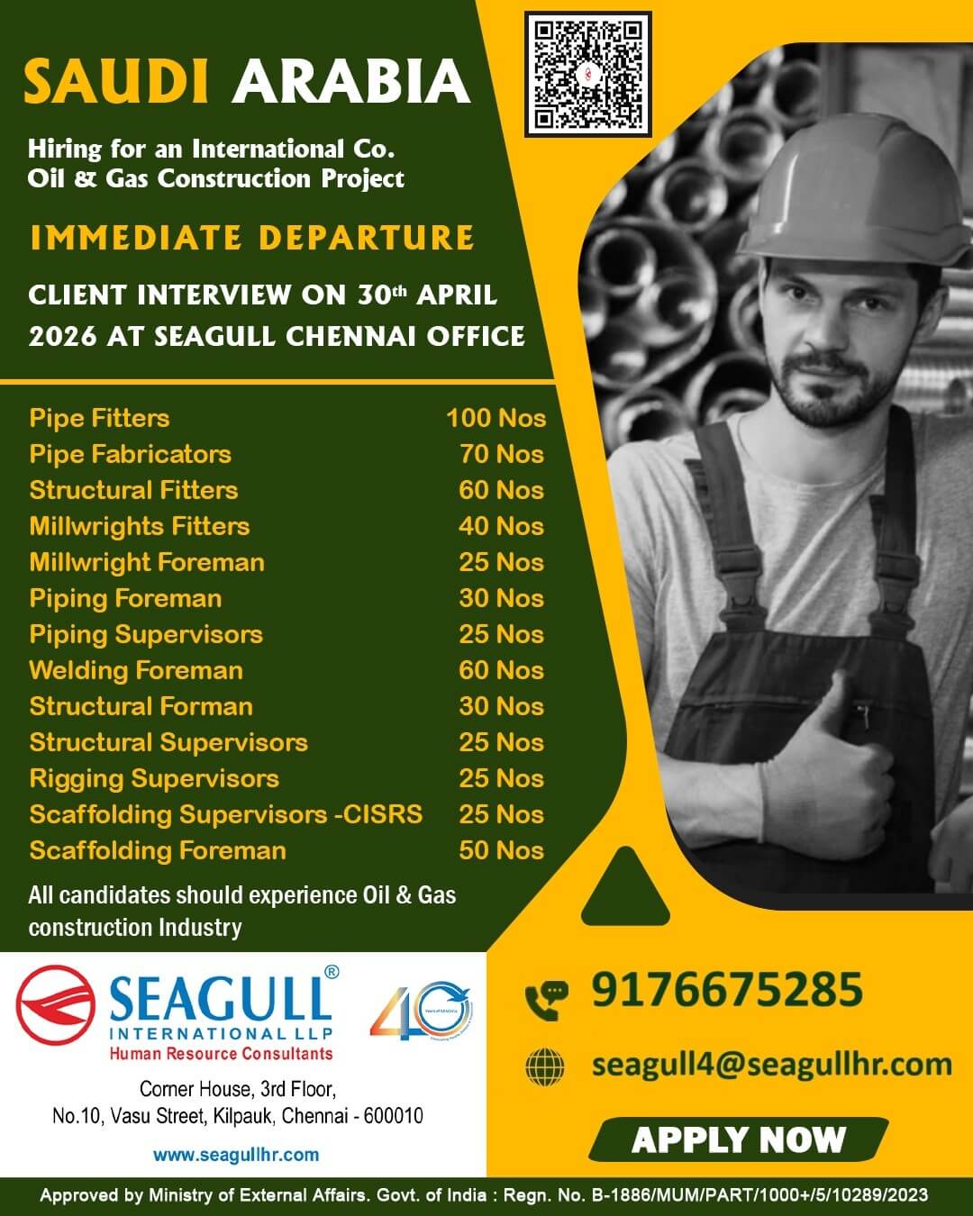 VERY URGENT REQUIREMENTS FOR OIL & GAS LONG TIME PROJECT AT SAUDI ARABIA - KSA